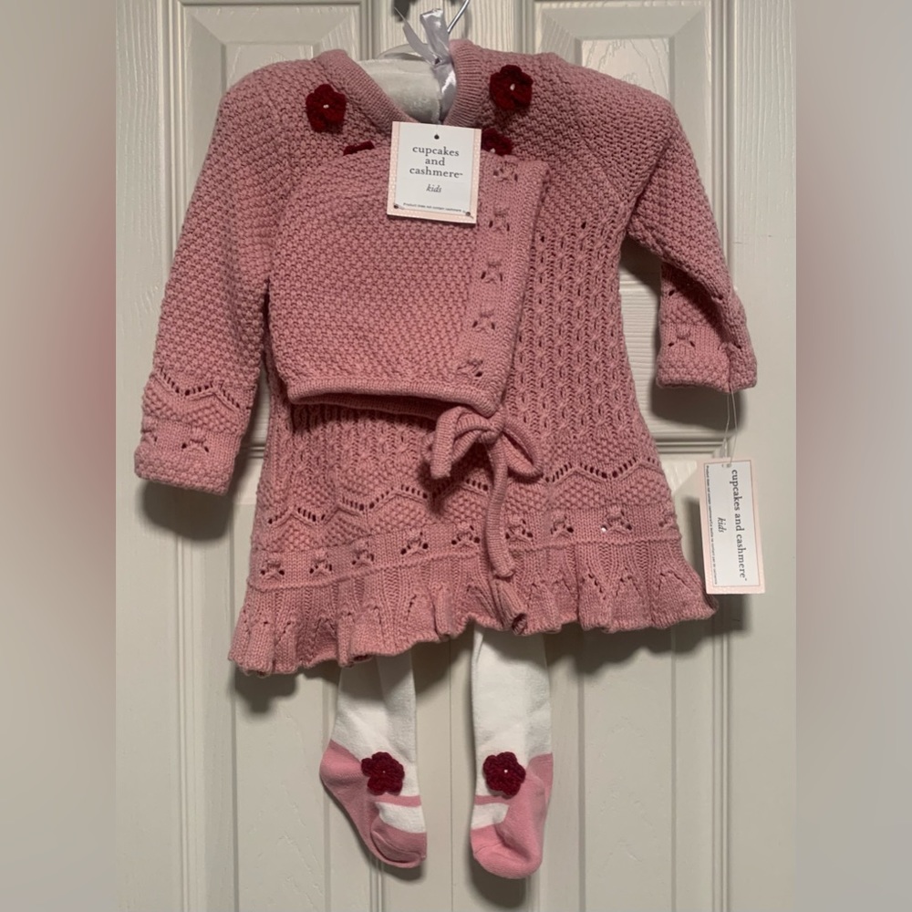 NWT Cupcakes & Cashmere Baby Girls Pink Knit Dress Bonnet Tights 3 Piece Set